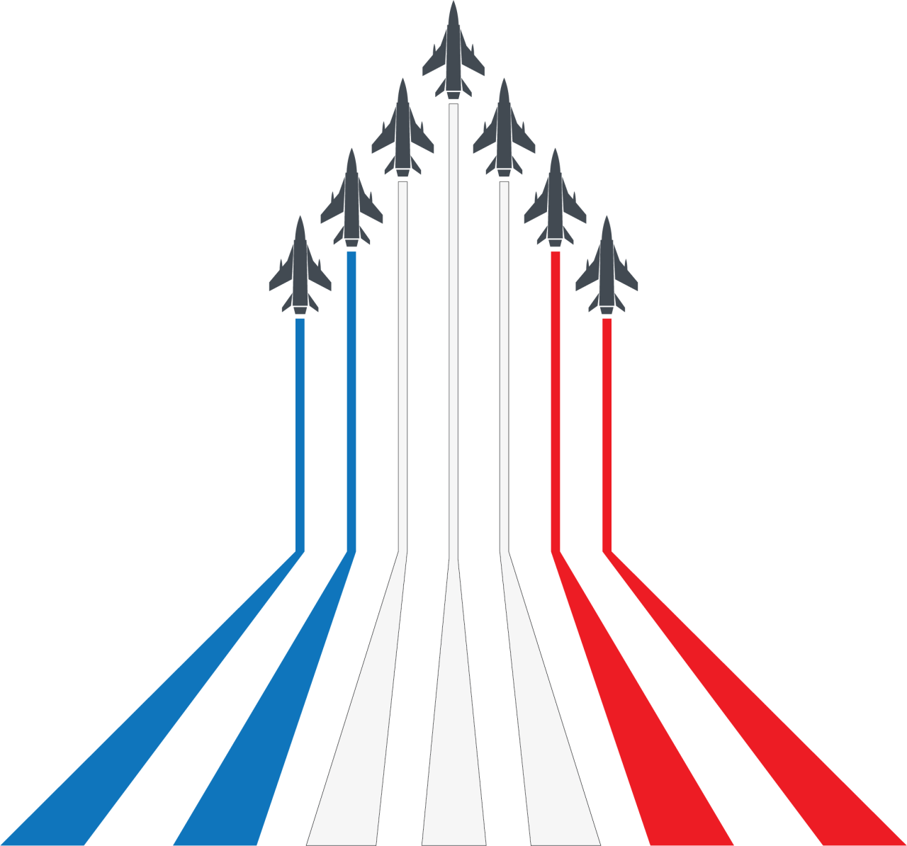 cartoon image of military planes flying in formation with red white and blue trails